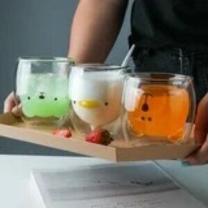 Double-Layer Clear Glass Insulated Beverage Cup Cute Teddy Bear Design NWOT